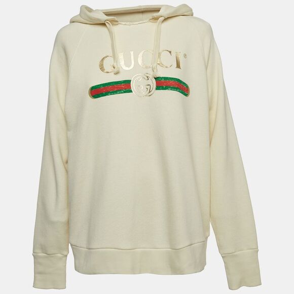 Gucci Sweaters - Gucci Cream Logo Print Embroidered Cotton Knit Hoodie XS